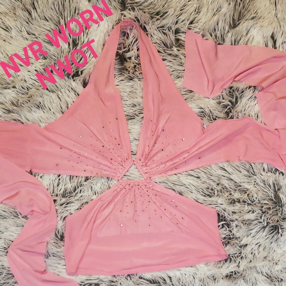 NWOT Sexy Baby Pink Tie On Diamond Studded Top LG